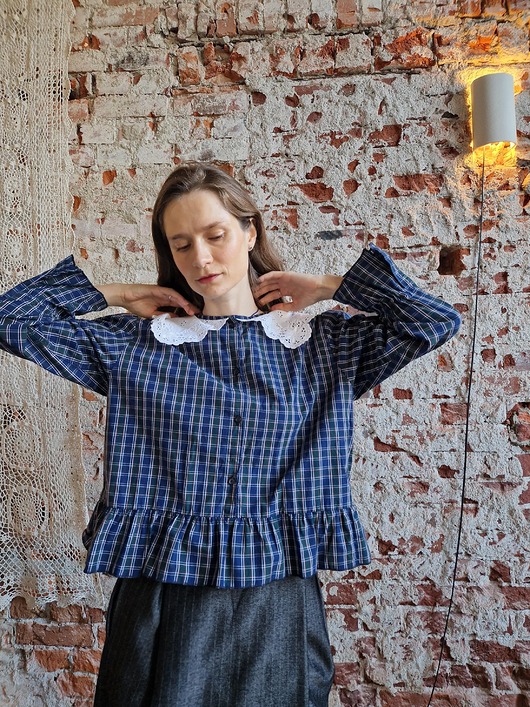 koszule damskie  Koszula granatowa w kratę upcykling z kołnierzem