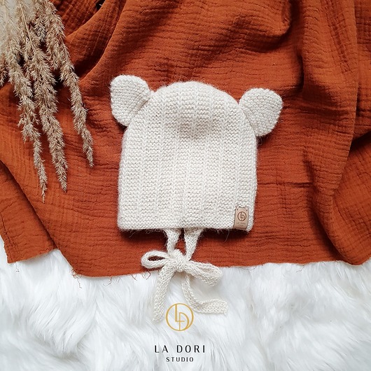 czapki dziecięce BEAR BONNET Ecru ręcznie dziergana