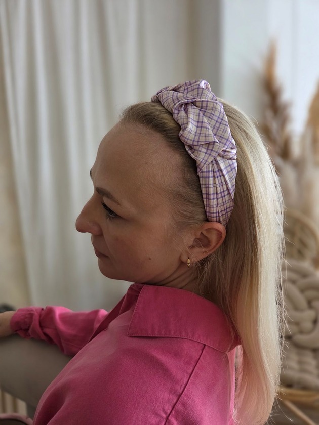 opaski do włosów Jedwabna opaska do włosów opaska na włosy lawendowa krata SILK RUFFLE