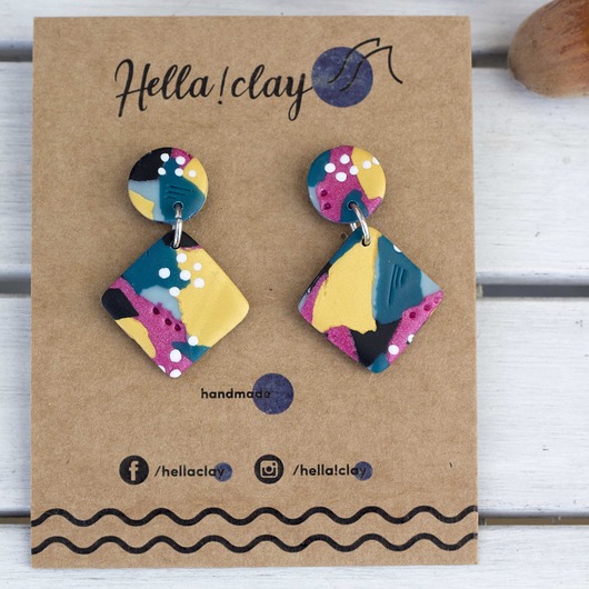 Kolorowe kolczyki handmade patchwork ze złotem Hellaclay