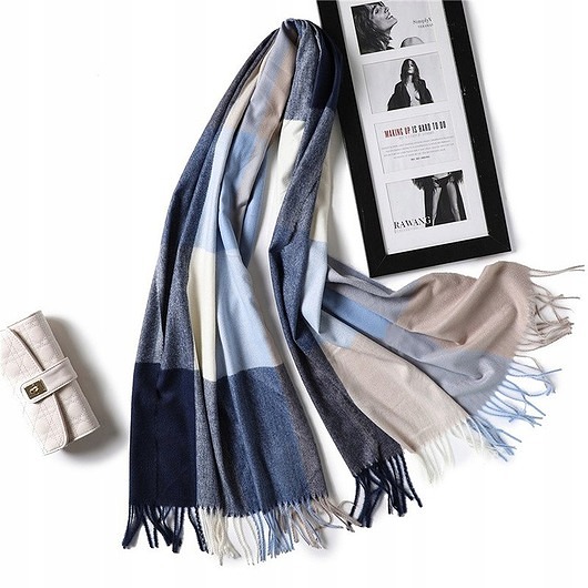 szale damskie Szalik Damski kaszmirowy wełna niebieski beżowy