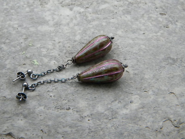 kolczyki wire wrapping Antyczne krople  na łańcuszku - kolczyki