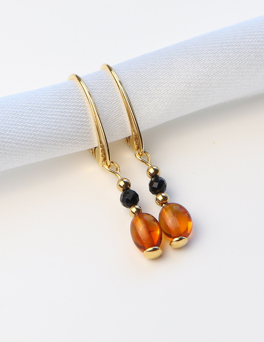 kolczyki pozłacane Kolczyki pozłacane - Bursztyn Koniak, Czarny Turmalin