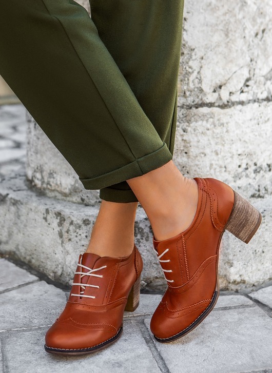 półbuty damskie OKSFORDKI NA 6 CM SŁUPKU - SKÓRA NATURALNA - MODEL 251 - KOLOR BRĄZOWY LICO