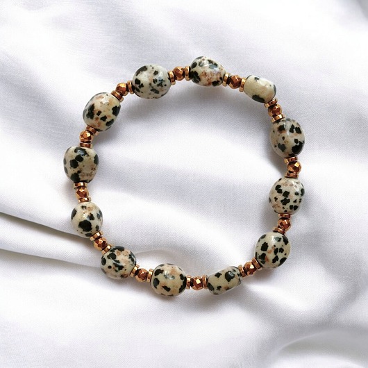 bransoletki z kamieni naturalnych Bransoletka : jaspis dalmatyński i złoty hematyt : na gumce