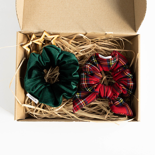 Zestaw scrunchies ŚWIĘTA WELUR i KRATA wu handmade