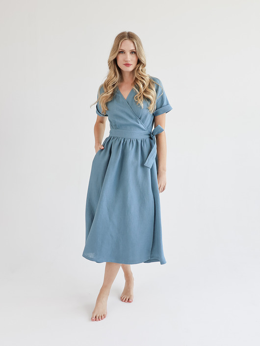 sukienki midi damskie Lniana Sukienka JASMINE DUSTY BLUE