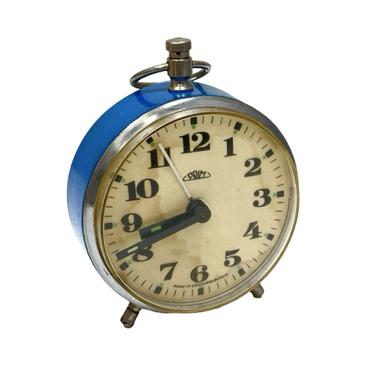 zegary Niebieski mechaniczny budzik z uchwytem PRIM, Czechosłowacja, lat 60.