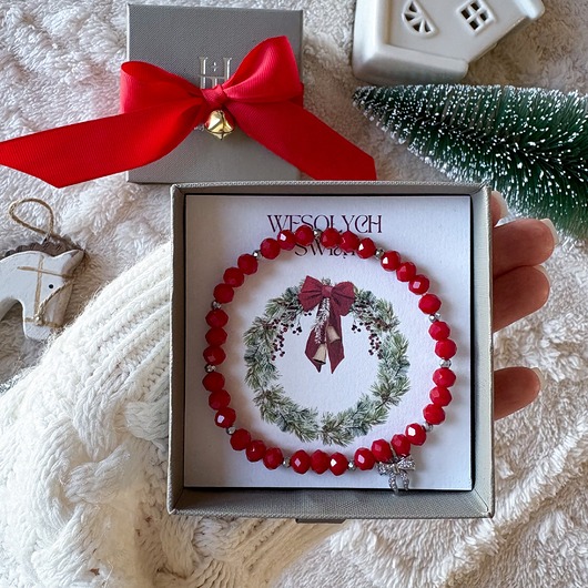 bransoletki na sznurku Świąteczna błyszcząca czerwona bransoletka z kokardką
