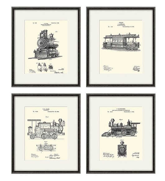 Rysunek patent parowóz retro vintage prezent Victorian wall art