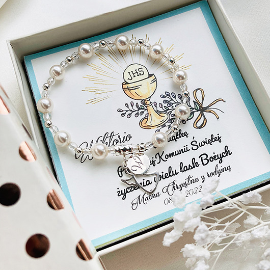 komunia - pozostałe Bransoletka z inicjałem Różaniec KOMUNIA
