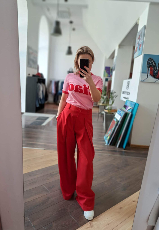 spodnie materiałowe damskie CS - Czerwone  spodnie z szeroką nogawką BALTIC