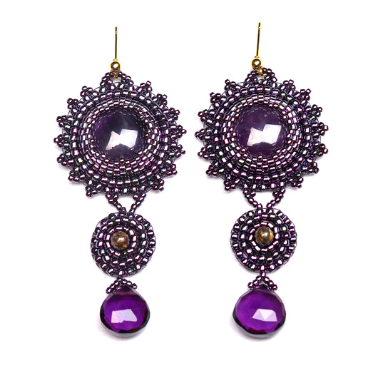 kolczyki z kamieniami Syvlas, kolczyki z ametystem, haft koralikowy, OOAK