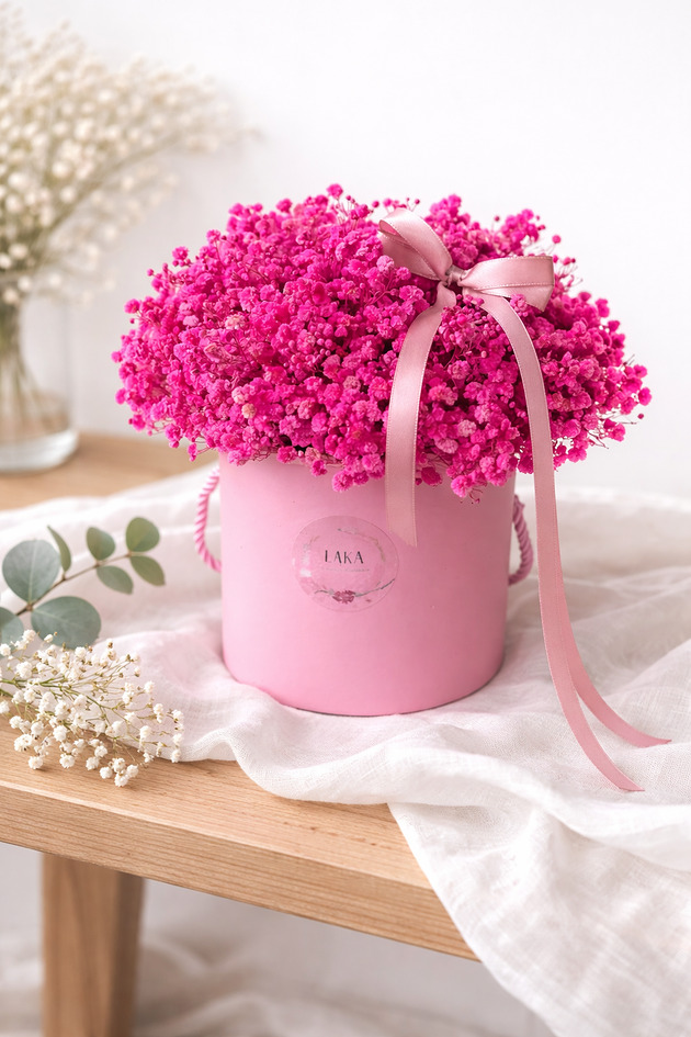 komunia - pozostałe Flowerbox z gipsówka stabilizowana fuksja