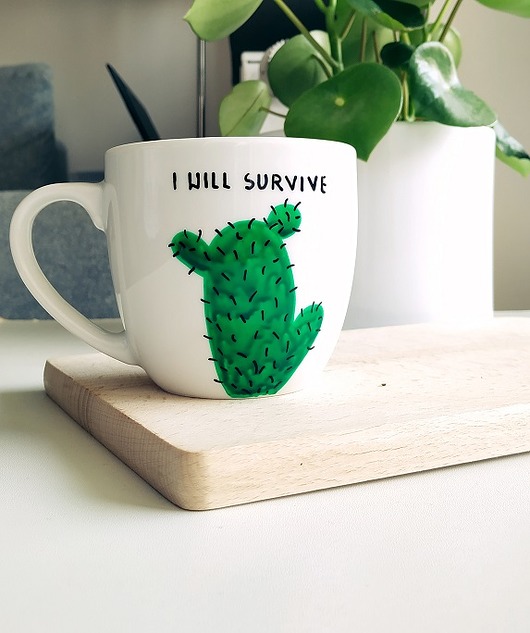 Kubek ręcznie malowany z kaktusem i will survive MUKI design
