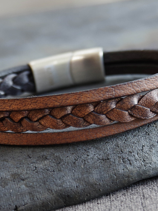 biżuteria męska Męska bransoletka, skóra pleciona, stal nierdzewna ArgentoMen