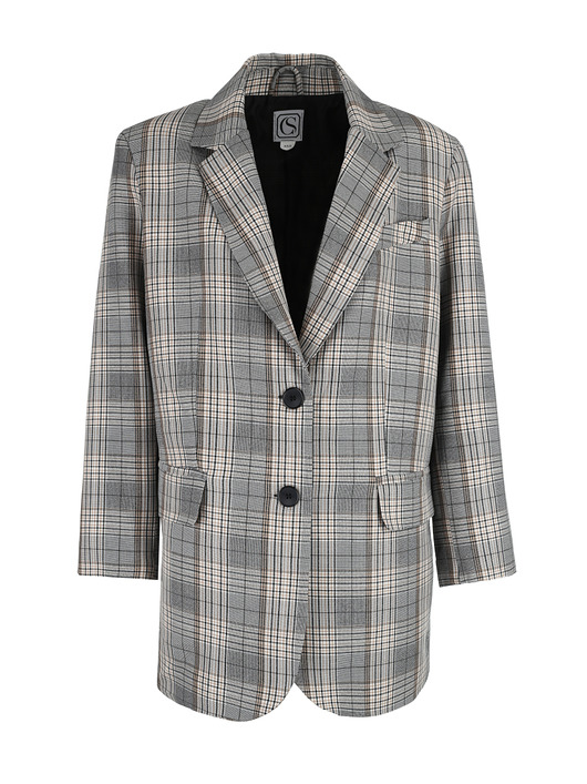 marynarki męskie CS PREMIUM - Damska wiskozowa marynarka szara w kratę oversize