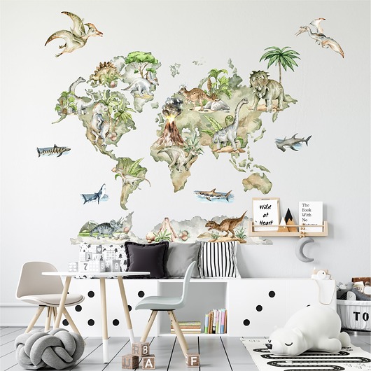 naklejki ścienne do pokoju dziecka Naklejka na ścianę  Mapa świata dinozaury