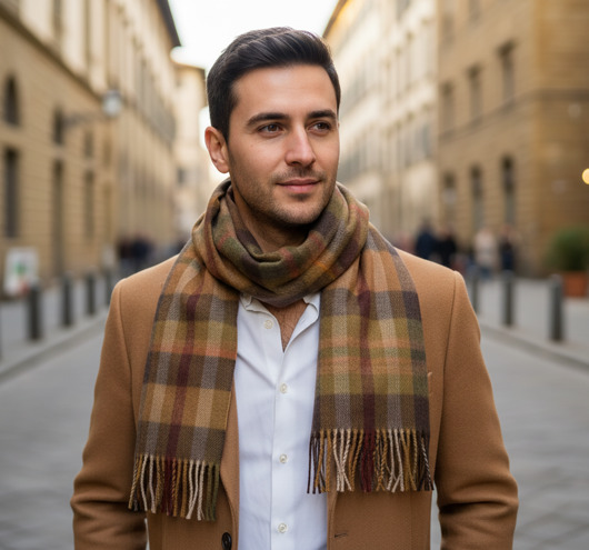 tuby i kominy Szalik Męski Brązowy Karmelowy Kratka Wełna