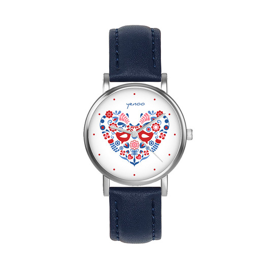 zegarki damskie Zegarek  mały - Ptaszki folkowe - skórzany, granatowy