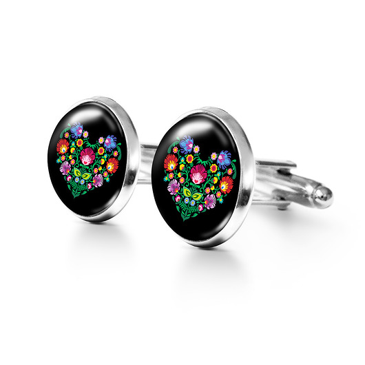 spinki do mankietów Serce folkowe czarne - spinki do mankietów