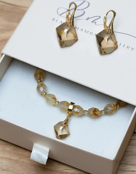 komplet biżuterii Unikatowy Komplet Biżuterii Swarovski Golden Shadow (Srebro Pozłacane )