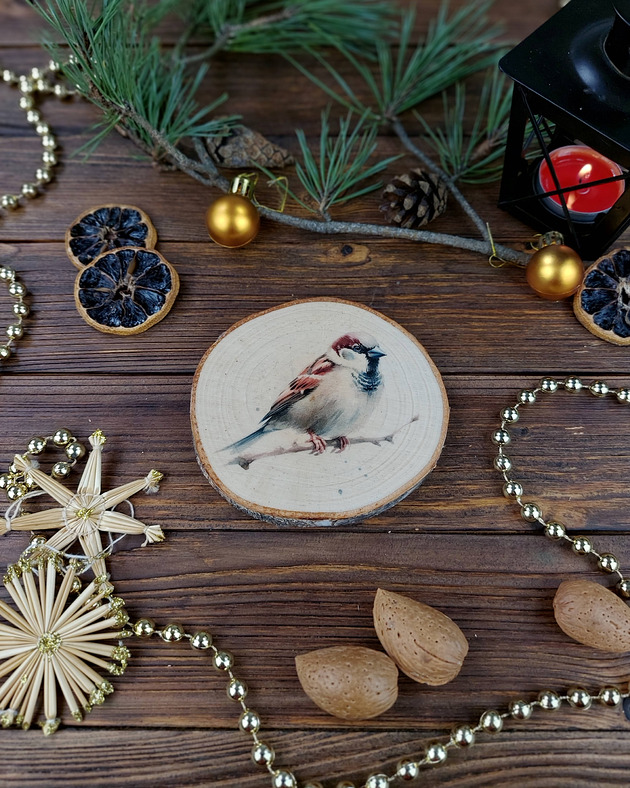 ozdoby choinkowe Brzozowa podkładka pod kubek, świąteczna zawieszka - wróbel