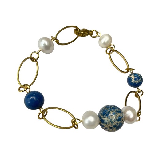 bransoletki złote Pozłacana bransoletka z jaspisami w otoczeniu pereł