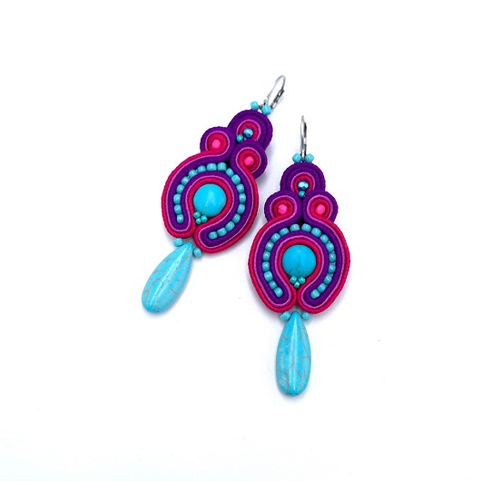 kolczyki soutache Kolczyki sutasz z howlitami turkusowo fioletowo fuksjowe Etno