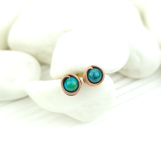 kolczyki wire wrapping Kolczyki sztyfty z chryzokolą