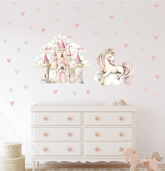 naklejki ścienne do pokoju dziecka Naklejki ścienne dla dzieci Zamek, Jednorożec i serduszka A252
