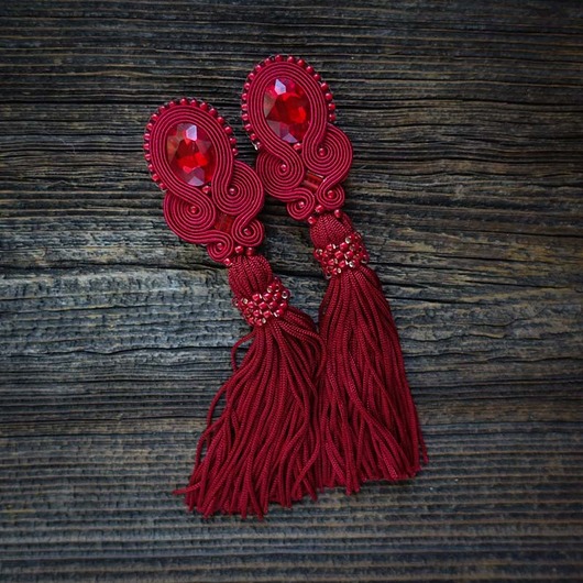 kolczyki soutache Bordowe kolczyki soutache z frędzlami- długie
