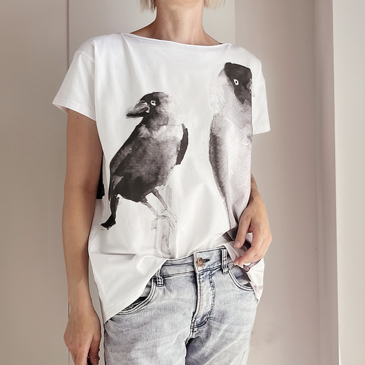 t-shirt damskie Kawki akwarele fullprint Biały Oversize