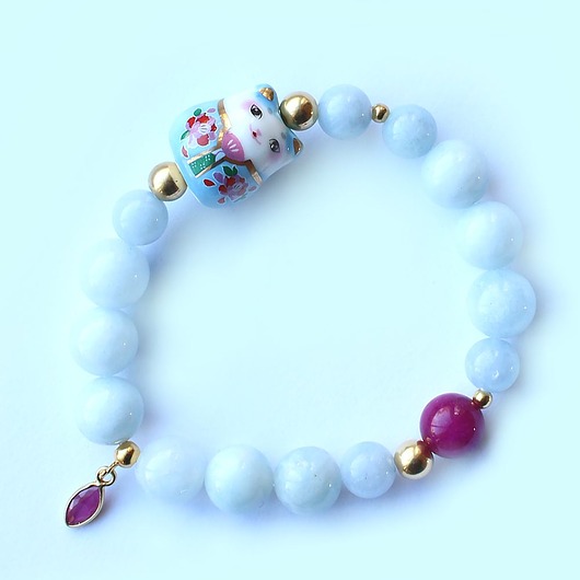 bransoletki złote UNIKAT Akwamaryn maneki neko