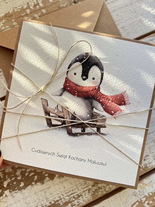 kartki świąteczne Kartka świąteczna ręcznie robiona na Boże Narodzenie z pingwinkiem 3