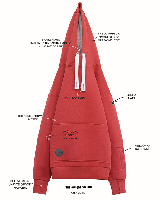 bluzy męskie Gruba bluza 3 kieszenie CHOKA LAZY KANGAROO RED