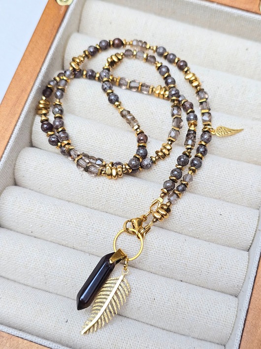 naszyjniki - inne Naszyjnik Brownie  z Kwarcem Dymnym i Obsydianem