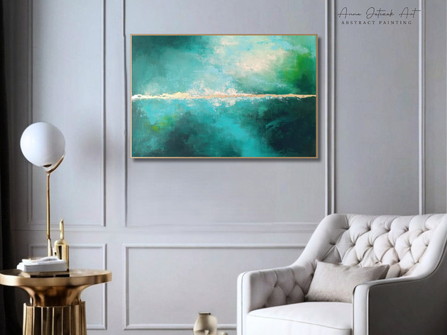 obrazy EMERALD HORIZON nowoczesna abstrakcja z elementami złota (50x70 cm)