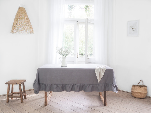 obrusy i serwetki Lniany obrus z falbanką  heavy linen TRUE GRAY