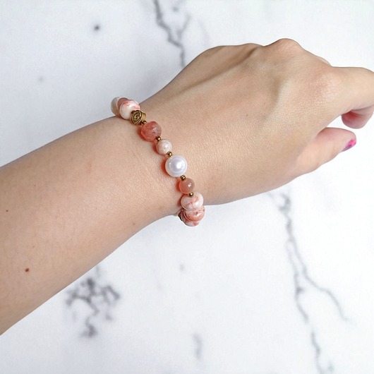 bransoletki z kamieni naturalnych NUDE : cielista bransoletka : mix kamieni i perły : ROZMIAR S