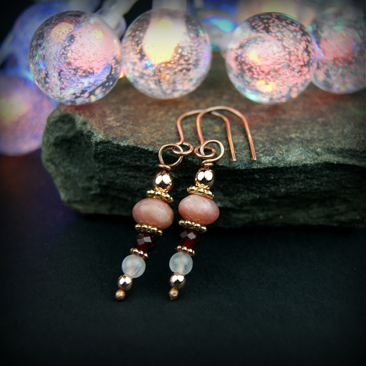 kolczyki z kamieniami Różowe kolczyki  opal kwarc rubin