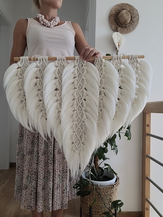 makramy Makrama, listki ecru boho, piórka natural, pióro, liście