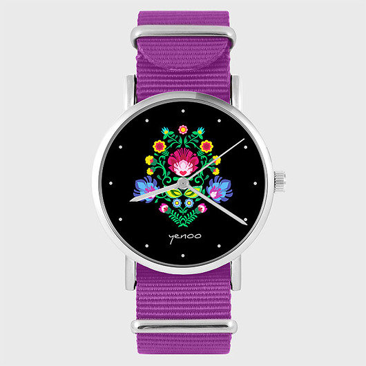 zegarki damskie Zegarek - Folkowy, czarny - amarant, nylonowy