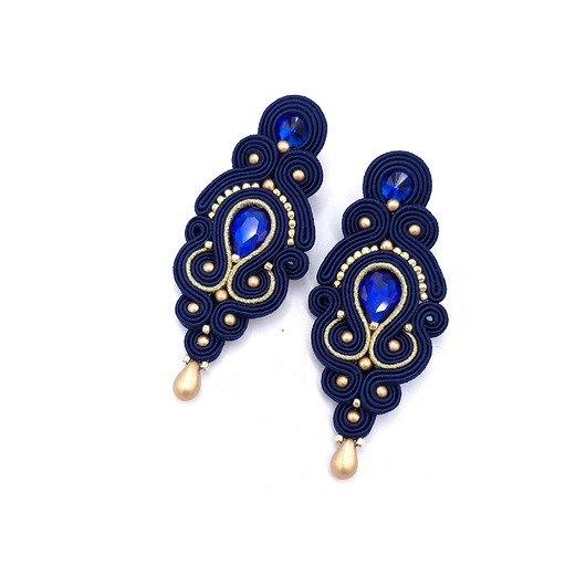 kolczyki soutache Kolczyki sutasz granatowe ze złotem Olia wieczorowe z kryształkami