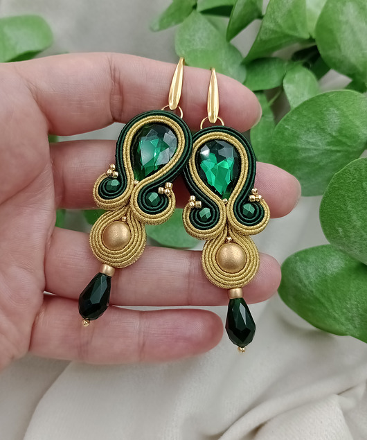kolczyki soutache Szmaragdowe kolczyki, zielone kolczyki, wiszące zielone kolczyki