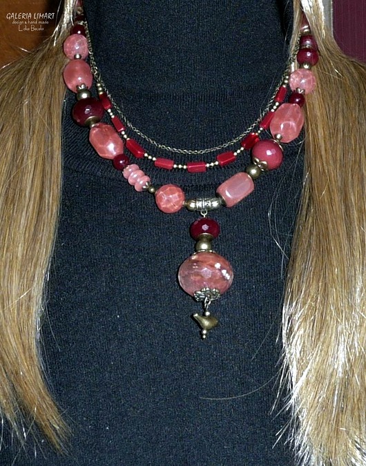 kolie Kwarc różowy, wiśniowy i turmalin. Naszyjnik unikatowy handmade PREZENT lux