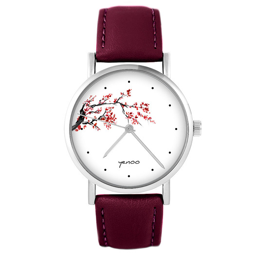 zegarki damskie Zegarek - Kwiat wiśni - skórzany, burgund