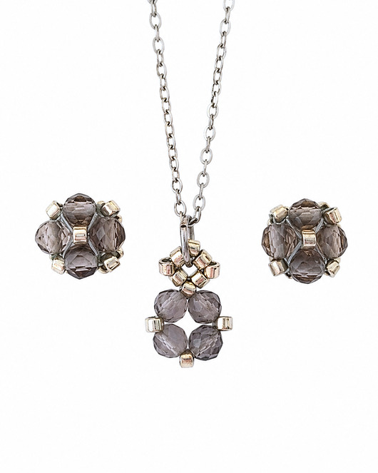 komplet biżuterii Komplet Biżuterii Kwarc Dymny - Kolczyki Sztyfty i Naszyjnik