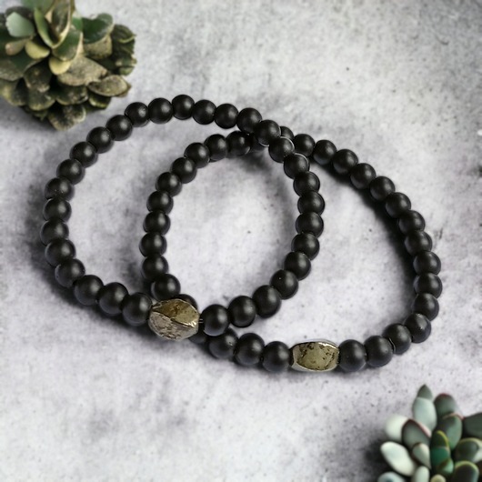 bransoletki z kamieni naturalnych Komplet dla pary : PIRYT & ONYKS :: na gumce