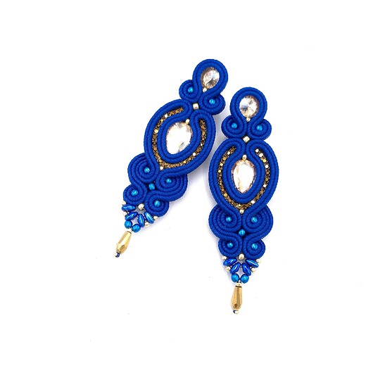 kolczyki soutache Kolczyki sutasz niebieskie ze złotem Ismara wieczorowe z kryształkami